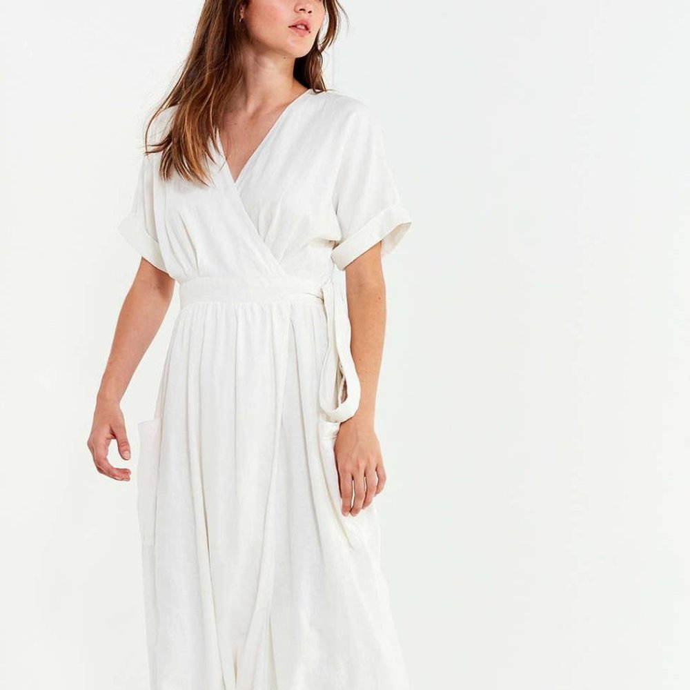 Urban Outfitters Women's White Linen Midi Wrap Dress XS-TP